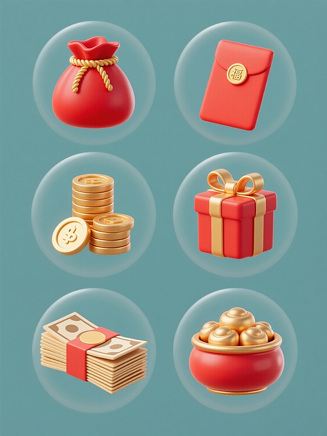 3D渲染的喜庆风格图标集，包含六个规整排布的元素：饱满的红色福袋系着金色绳结、传统红包、堆叠的金币、带蝴蝶结的礼盒、整齐的一沓钞票和聚宝盆，所有元素采用光滑的塑料质感，主色调为红色和金色，搭配简约现代的造型，统一的圆形高光和柔和阴影，纯色背景，无文字、无logo、无水印，整体呈现出喜庆欢乐的氛围。