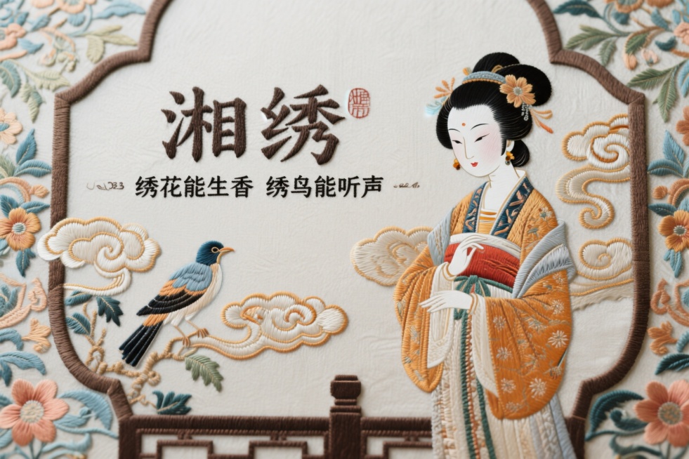 原创非遗湘绣刺绣插画，主体为湘楚仕女人物，搭配云纹卷草传统纹样，古风岳麓书院场景，国风国潮新中式美学风格，版式松弛留白充足，只保留主标题"湘绣"和slogan"绣花能生香 绣鸟能听声"，文字极简，不添预览效果