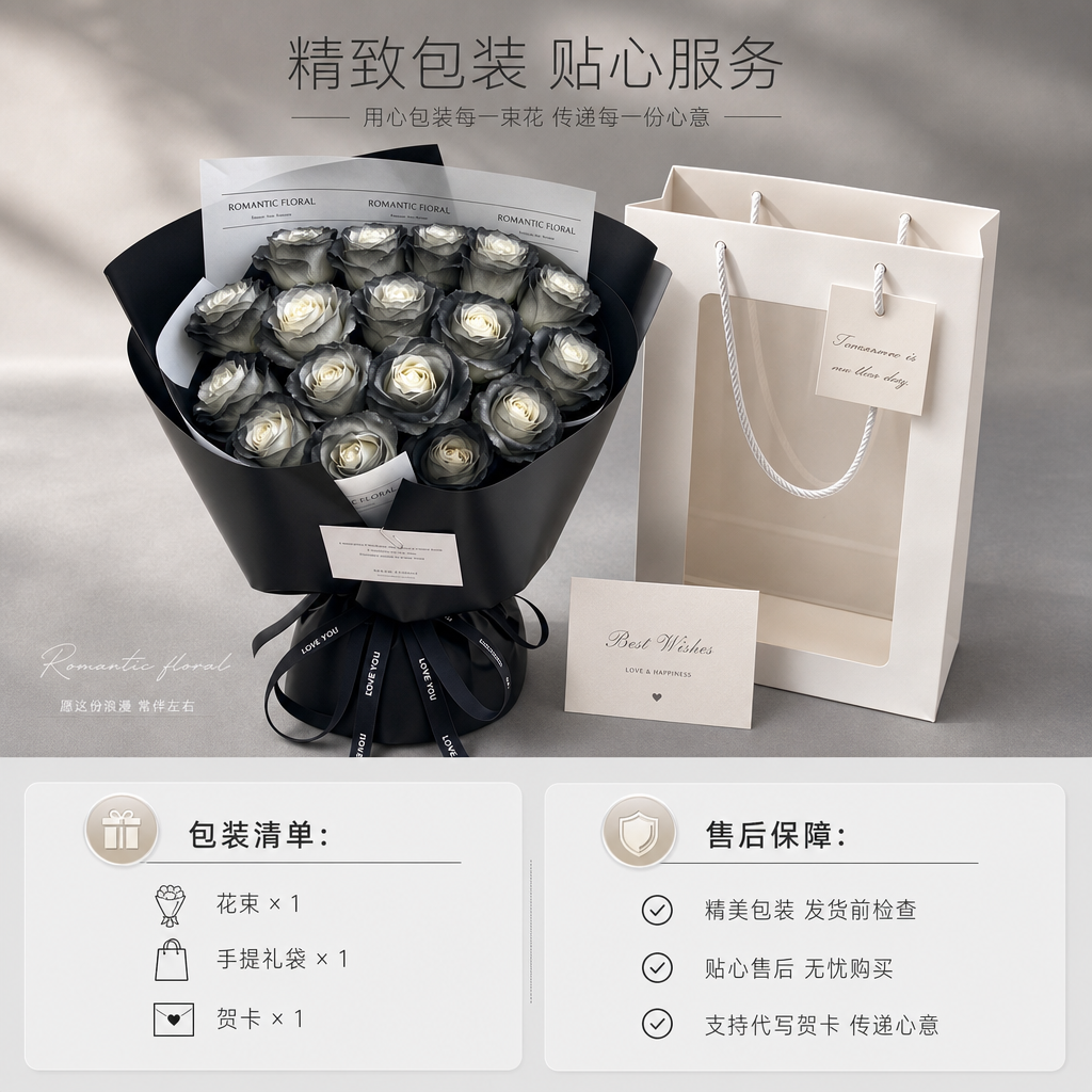 [商品] 使用【图2】黑骑士渐变玫瑰香皂花束+白色手提礼袋；保… - 图片创意预览