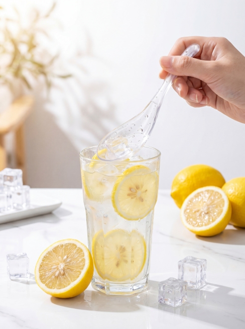 完全重绘，保留手持透明一次性食品级中华勺主体，更换全新干净背景，构图重新设计，搭配柠檬饮品场景，突出勺子韧性好不易变形的卖点，高清商业摄影风格，适合1688批发平台，竖版3:4比例预览效果