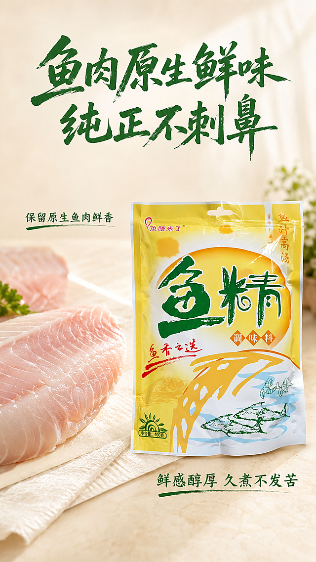 [第4屏] 鱼肉原生鲜味卖点解析。
[氛围/风格] 清新自然厨房风，干净通透，真实食材质感，柔和自然光。
[元素布局] 产品包装袋放在画面右侧居中，保持包装袋上所有文字及图形信息细节与输入产品图完全一致，不做任何修改。左侧放置新鲜鱼肉块微距特写，纹理清晰，色泽自然。鱼肉块上方和下方留出文字区域，背景为干净浅米黄色台面，底部可加入少量厨房纸巾增加层次，整体三层视觉结构。
[光影质感] 左侧柔光打亮鱼肉纹理，右侧柔光打亮产品包装，整体明亮干净，质感真实。
[配色色系] 全局底色：#FFF9F0（暖米黄）；主体配色：#F9E076+#3A7D34+#FFFFFF；辅助色：#3A7D34+#D9534F。复用首屏配色。
[视角构图] 左食材右产品，左右分栏，平视视角，层次分明。
[文字版式] 顶部大标题"鱼肉原生鲜味 纯正不刺鼻"，标题字形提取自包装书法风格，全套复用，字色统一使用深绿色#3A7D34，纯色填充，全套沿用此字色和字效。分栏左侧鱼肉上方标注"保留原生鱼肉鲜香"，产品下方标注"鲜感醇厚 久煮不发苦"，深绿色小字。字形遵循：标题书法风格，正文同家族字体，字色仅深绿一种，纯色填充，和首屏保持一致。
[比例分辨率] 9:16 竖版比例，宽度1080px，高度1920px，分辨率2K，文字清晰可辨，超高清。
[负向提示词] 产品包装变形，文字错乱，改变原有包装文字图形，水印，产品图模糊，背景杂乱，错别字