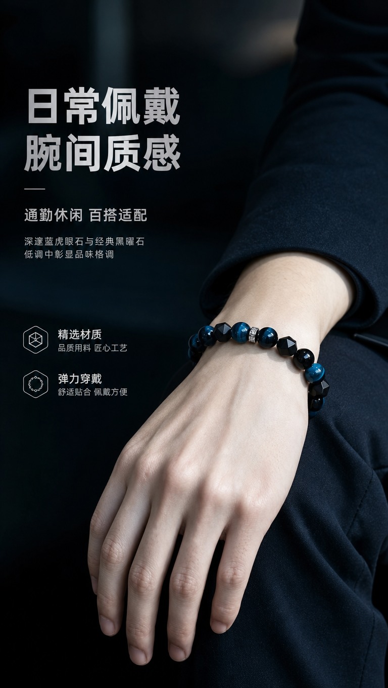 [商品] 使用【图1】男士手串，保留蓝虎眼圆珠、黑曜石圆珠、磨… - 图片创意预览