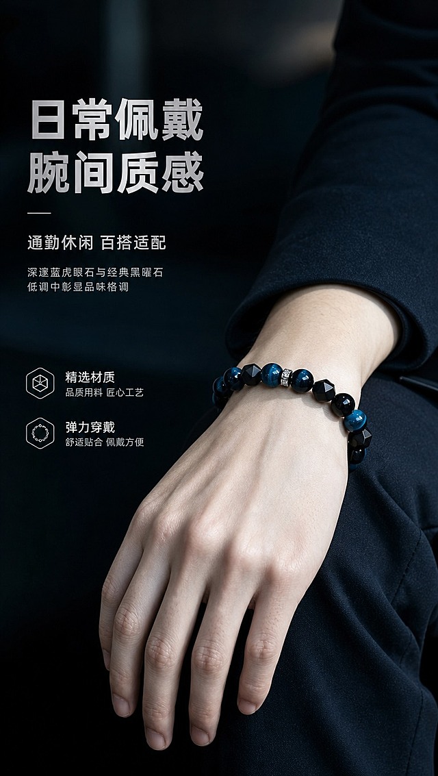 [商品] 使用【图1】男士手串，保留蓝虎眼圆珠、黑曜石圆珠、磨砂切面黑玛瑙珠、银色镶钻隔珠的结构、颜色、材质和排列顺序；将手串佩戴到男士手腕上，参考【图5】手部姿态与光影，珠子贴合手腕自然弧度，保留商品原貌与材质质感。
[画面] 场景种草·真实佩戴型。男生日常佩戴定位，参考【图5】男士手部姿态，手腕自然放松搭在深色衣物上，手串贴合手腕内侧展示，侧逆光勾勒手部轮廓与珠子光泽。背景为深色调虚化的室内环境，氛围沉稳高级。产品（手部+手串）占画面60%。前中后景：前景手腕手串、中景手臂衣物、后景深色虚化环境。真实如相机拍摄。
[视觉] 套系策略：风格=高级暗调冷色系商业珠宝摄影，真实相机拍摄质感；标题字=阿里巴巴普惠体 Bold；正文字=阿里巴巴普惠体 Regular；小标题=阿里巴巴普惠体 Medium；主色=深邃藏青蓝+炭黑；背景延展=基于藏青蓝与炭黑做深浅层级、渐变和细腻质感，整体明亮度适中不过于黑暗；强调色=冷银白，仅用于小面积图标、引线、标签和金属高光；标题色=冷银白；正文色=浅灰蓝；组件=细线分隔、简约信息卡、冷调图标；光影=侧逆光+正面补光，突出手部轮廓与珠子光泽。
[文字] 左侧留白精简排版。主标题「日常佩戴 腕间质感」，小标题「通勤休闲 百搭适配」，文案精简不密集。文字不遮挡手腕手串主体。
[规格] 图片比例9:16竖版，4K分辨率，淘宝/天猫详情页适配，中文文案。负向提示：避免变形、错字、文字过小过密、过于黑暗、手串结构错乱、女性化手部、卡通感、塑料感、水印。