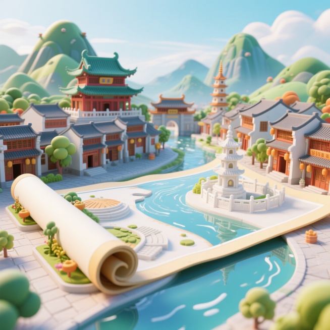 展开平摊的画卷，左侧有部分卷成圆筒状的书卷边缘，画卷上生长出福州三坊七巷古建筑群、镇海楼、西禅寺，背景是旗山与鼓山层峦叠嶂，未卷起的画卷区域有河流蜿蜒流动，整体采用汉白玉色调，呈现3D透明立体感，国风预览效果