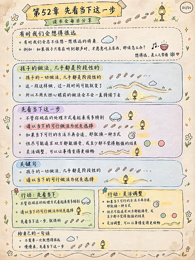 手绘涂鸦笔记(Sketchnote)风格，经典手账风，3:4竖版画布，浅米色纸张纹理背景，边角有水渍效果，纸面有轻微褶皱感，柔和暖色系配色，黑色轮廓，暖黄、草绿、砖红点缀，中文手写体字体，标题加粗。右上角圆形徽章标注“01/01”。

画面顶部标题区：暖黄色做旧感横幅，两端有胶带粘贴效果，横幅内写加粗标题“第52章 先看当下这一步”，横幅下方细长浅绿色条带内写副标题“读书会每日分享”，标题旁画一排柔和的小脚印，脚印从近处延伸向远处，脚印旁边有一盏温暖的小灯，整体是一步一步、看当下的意象，气氛温和。

上部约1/3处核心理念区：米白色圆角大框，框边虚线，框顶部加下划线写“有时我们会想得很远”。框内内容：1.“有时我们会忍不住想一想很远的将来”，旁边画一朵小云，云旁边有一个柔和的小问号；2.“例如：如果孩子只有在听到歌声时，才愿意吃点东西，那该怎么办？”，旁边画一个小音符和一个小碗并排摆放；小字提示“想得远，是人之常情”，旁边画一只温柔的眼睛和一颗小爱心。

中部阶段性区：浅蓝色圆角大框，框顶部用草绿色高亮写“孩子的做法，几乎都是阶段性的”。框内内容：1.“孩子的一切做法，几乎都是阶段性的”用暖黄色高亮，旁边画一排柔和的小脚印，脚印从近处延伸向远处；2.“这一段这样做，过一段时间可能就变了”，旁边画一条柔和的小路，小路在中间轻轻拐了一个柔和的弯，弯道旁边有一朵小云；3.“所以不用太担心眼前的做法会不会一直持续下去”，旁边画一盏温暖的小灯，灯光笼罩着一段小路。

中部偏下当下这一步区：浅紫色圆角大框，框顶部写“先看当下这一步”。框内内容：1.“不管你现在的处理方式看起来有多特别”，旁边画一朵小云被温柔地接住，云旁边是一盏温暖的小灯；2.“请以当下的可行做法为优先选择”用砖红色高亮，旁边画一排柔和的小脚印，脚印旁边有一盏温暖的小灯；3.“如果当下可行的方法不再合适，那就换一种方式”，旁边画一个柔和的旋钮，旋钮旁边有一条温暖的光带；4.“但尽可能追求双方都能接受，或至少都不觉得勉强的结果”，旁边画两个柔和的圆并排摆放，中间有一条温柔的光带；5.“灵活调整，可以让事情变得更顺畅”，旁边画一条柔和的小路，小路在中间轻轻拐了一个柔和的弯，弯道旁边有一盏温暖的小灯。

下部关键句区：浅蓝色对话气泡框，区域标题“关键句”。两条内容：1.“孩子的一切做法，几乎都是阶段性的”，旁边画一排柔和的小脚印，脚印从近处延伸向远处；2.“请以当下的可行做法为优先选择”用暖黄色高亮，旁边画一盏温暖的小灯，灯光笼罩着一段小路。

下部偏下行动方法区：两个并排小便签条，用图钉固定。便签一浅绿色：标题“行动：先看当下”，内容1“不管你现在的处理方式看起来有多特别”旁画小云被温柔地接住；内容2“请以当下的可行做法为优先选择”旁画温暖的小灯，灯光笼罩着一段小路；内容3“先看当下这一步，就很好”旁画一排柔和的小脚印。便签二暖黄色：标题“行动：灵活调整”，内容1“如果当下可行的方法不再合适，那就换一种方式”旁画柔和的旋钮，旋钮旁边有温暖的光带；内容2“但尽可能追求双方都能接受，或至少都不觉得勉强的结果”旁画两个柔和的圆并排摆放，中间有温柔的光带；内容3“灵活调整，可以让事情变得更顺畅”旁画柔和的小路，小路在中间轻轻拐了柔和的弯。

画面最底部安慰区：米白色圆角框，框顶部写“给自己的一句话”。内容：1.“不需要一次就想得很远”，旁边画一朵小云，云旁边有一个柔和的小问号；2.“慢慢来，先看当下这一步”，旁边画一排柔和的小脚印，脚印旁边有一盏温暖的小灯。

整体装饰：花瓣形小圆点之间用手绘小弧线连接成环形，空白处点缀小星星和手绘小花，底部画波浪线象征脚步的流动。所有线条和图形带有轻微手绘感，不要过于僵硬完美。