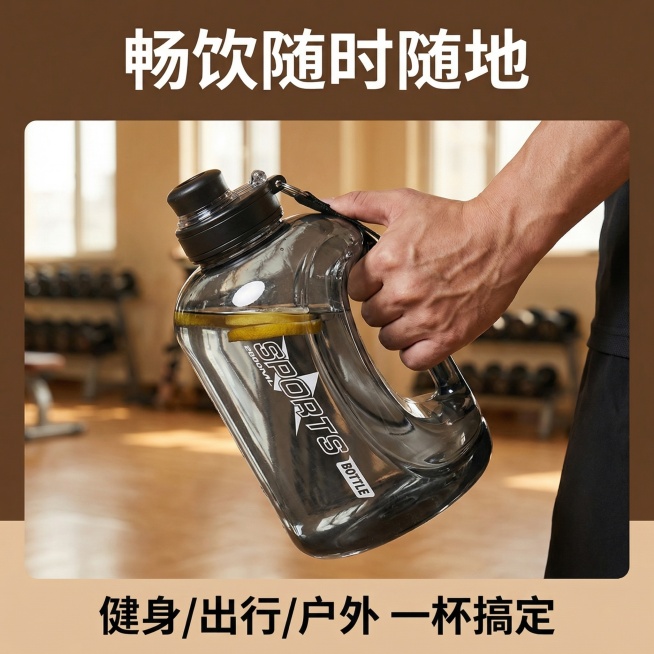 [主图 4] 吨吨桶多场景使用展示
[氛围/风格] 温馨生活运动风，自然抓拍感，真实自然
[画面元素] 健身男士亚洲面孔，手举吨吨桶展示尺寸比例，背景为健身房场景虚化，突出握感和容量大小，画面自然温馨预览效果