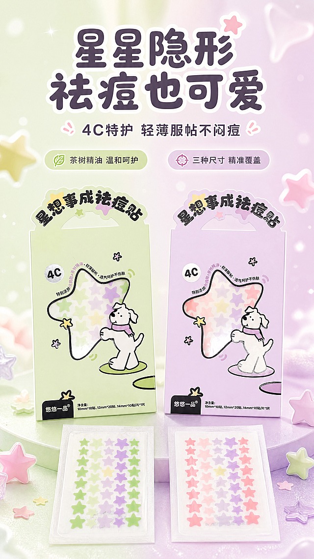 [商品] 使用【图1】两款星星祛痘贴包装（左薄荷绿款、右淡紫款）和【图2】两袋内装星星贴；保留包装上"星想事成祛痘贴""4C""悠悠一品"字样、卡通小狗图案、星星形状开窗，保留内袋星星贴的五角星造型和马卡龙渐变色；商品处理：去除背景杂物，包装摆放整齐自然，内袋星星贴色彩鲜亮，不改变产品结构和文字。
[画面] 目标：头图海报，营造甜趣少女氛围，突出星星造型祛痘贴的可爱颜值。构图：上下分层，上方大标题区，中间两款包装左右并排放大展示，下方散落几枚星星贴和内袋点缀；产品占画面60%，前景漂浮星星装饰，中景产品主体，后景柔焦渐变背景；阅读动线从上到下。
[视觉] 套系策略：风格=马卡龙甜趣少女风商业摄影；标题字=圆润可爱粗圆体；正文字=简洁无衬线体；主色=淡紫+薄荷绿马卡龙双色；背景延展=基于淡紫和薄荷绿做柔焦渐变、同色深浅晕染和细腻磨砂质感；强调色=嫩粉色，仅用于小面积图标、引线和标签点缀；标题色=深紫灰；正文色=中灰紫；组件=圆角半透明信息卡、虚线引线、星星装饰元素；光影=顶部柔光，整体明亮通透，产品边缘有柔和轮廓光。
[文字] 顶部居中主标题"星星隐形 祛痘也可爱"，副标题"4C特护 轻薄服帖不闷痘"；下方左右两侧各配1个小卖点胶囊：左侧"茶树精油 温和呵护"，右侧"三种尺寸 精准覆盖"；文字不遮挡包装主视觉和小狗图案。
[规格] 图片比例9:16竖版，4K，避免变形、错字、文字过小、冷蓝灰背景、产品颜色改变、包装文字错乱。
