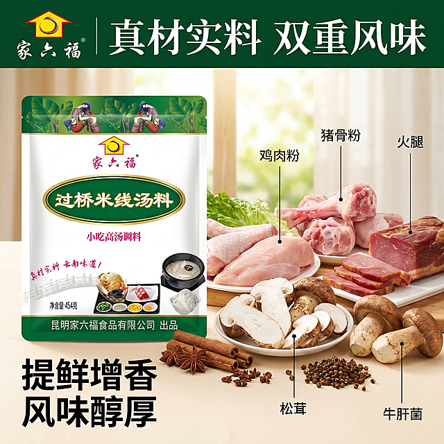 [主图-2] 核心原料卖点展示主图
[氛围风格] 地道云南风味，品质溯源，真实食材展示，拼多多直白风格
[画质] 商业摄影质感、光线柔和通透、产品清晰真实、画面干净高级
[元素] 家六福过桥米线汤料包装袋在画面左侧，保持原产品外观、材质质感、颜色与输入产品图绝对一致，杜绝任何变形和色差。画面右侧摆放新鲜完整的核心原料：老母鸡块、猪棒骨、风干火腿块、新鲜松茸片、牛肝菌块、多种香辛料，食材排列整齐新鲜饱满。商品主体占比严格控制在 60%-70%，画面满屏无边框。左上角保留原品牌Logo "家六福"
[光影] 自然暖阳逆光，突显食材新鲜纹理和立体轮廓，整体光线均匀柔和，食材细节清晰
[配色] 主色为产品包装绿白色，搭配食材自然原生态色彩，天然质朴
[视角构图] 平视对称构图，产品与食材分区展示，信息一目了然，景深较浅突出主体
[文字版式] 顶部居中大字主文案写 "真材实料 双重风味"，深绿色粗体；下方用细引线指向对应原料标注「鸡肉粉」「猪骨粉」「火腿」「松茸」「牛肝菌」，文字清晰不遮挡食材。底部靠左大字突出 "提鲜增香 风味醇厚"，清晰易读，符合拼多多直白风格
[比例分辨率] 1:1 比例，2k 分辨率；文字清晰锐利，画面超高清
[负向提示词] 变形，水印，文字错乱，产品图模糊，背景杂乱