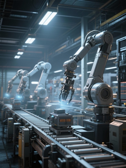 画面：制造业车间的流水线与机械臂运转画面，光线偏冷，暗示制造业景气偏弱。预览效果