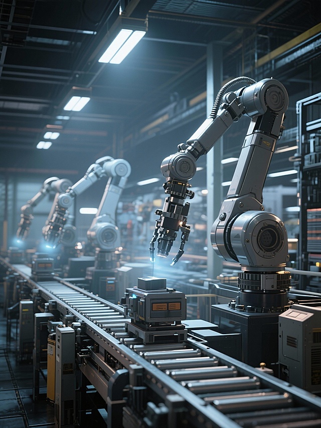 画面：制造业车间的流水线与机械臂运转画面，光线偏冷，暗示制造业景气偏弱。