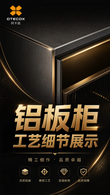 阿卡兹品牌竖版视频封面图，包含左上角品牌logo，大标题"铝板柜工艺细节展示"，高端黑金商务风格，突出品牌，文字醒目排版预览效果