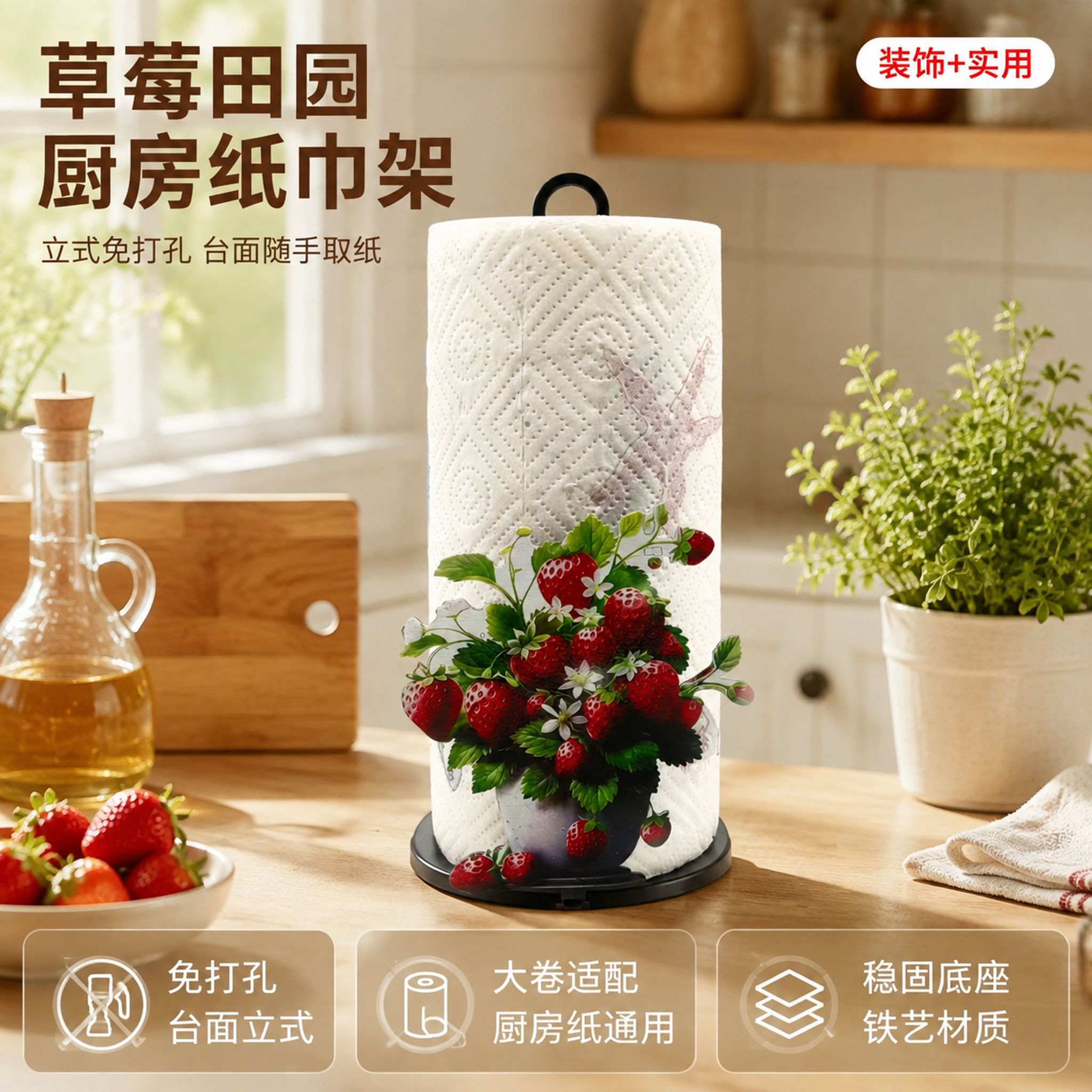 [主图-1] 草莓装饰厨房纸巾架首图，温馨田园风厨房场景。 [… - 图片创意预览
