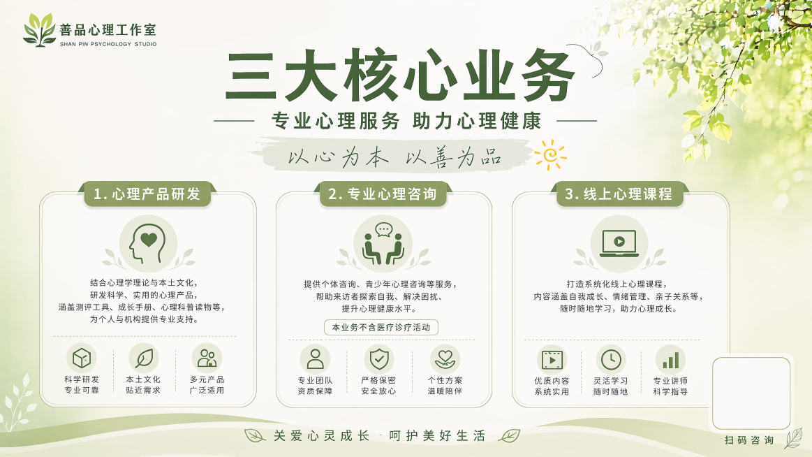 专业清新风格的善品心理文化科技工作室业务介绍宣传栏海报，延续之前系列浅绿自然清新治愈风格，顶部放置品牌logo"善品心理工作室"，主标题文字"三大核心业务"，副标题文字"专业心理服务 助力心理健康"，预览效果
