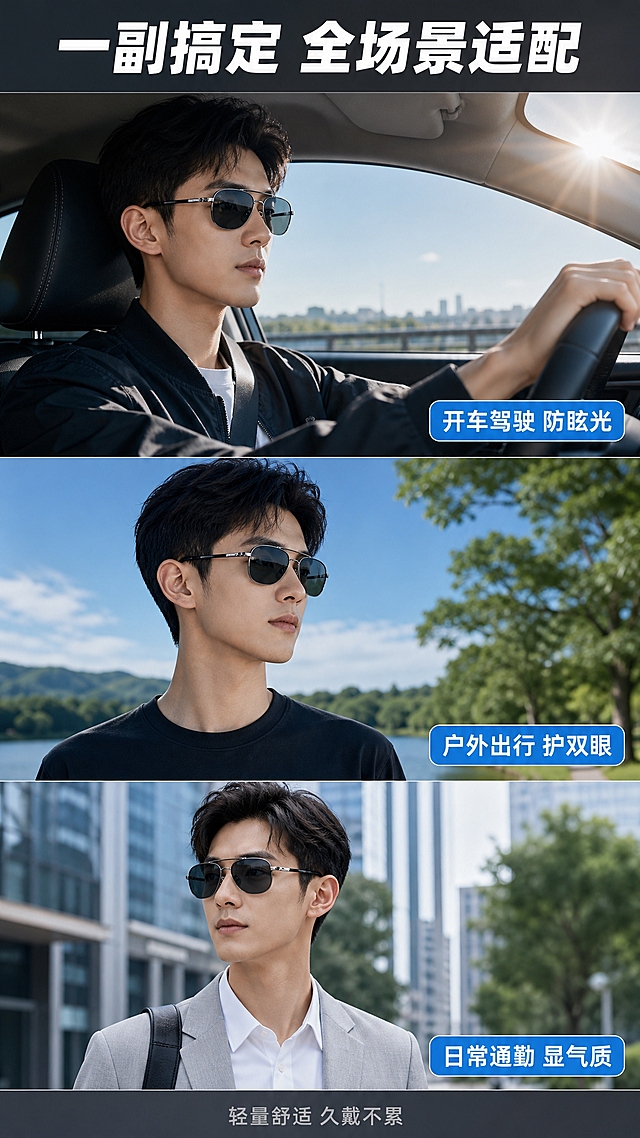[商品] 使用【图1】蓝剑超轻含钛偏光镜；保留枪色金属飞行员镜框、双梁设计、深灰色偏光镜片；佩戴在不同场景的模特脸上，外观与产品图完全一致。
[画面] 目标展示多场景适配，三格竖排构图。上格：开车场景，亚洲男性模特坐在驾驶座上，手扶方向盘，佩戴偏光镜，侧前方视角，车内环境明亮，前挡风玻璃外有阳光，突出偏光防眩光。中格：户外休闲场景，模特站在户外公园/湖边，戴偏光镜，背景有绿树蓝天，突出户外防晒防眩光。下格：日常通勤场景，模特走在城市街道上，穿商务休闲装，戴偏光镜，突出日常百搭。每格右下角加场景标签。背景整体统一冷调商务感。阅读动线：顶部标题→三格场景从上到下。
[视觉] 套系策略：风格=高端商务科技感商业摄影；标题字=现代无衬线粗黑体；正文字=简洁无衬线体；主色=枪灰色/深银灰色；背景延展=三场景统一冷调商务感；强调色=品牌蓝#1E88E5，用于场景标签；标题色=白色；正文色=浅银灰色；组件=圆角场景标签、细分割线；光影=每格自然真实光线，偏光镜有自然反光，整体明亮通透。
[文字] 顶部通栏大标题：「一副搞定 全场景适配」，白色粗体大号，叠加在半透明深灰底条上。三格右下角各加品牌蓝底白字圆角标签：上格「开车驾驶 防眩光」、中格「户外出行 护双眼」、下格「日常通勤 显气质」。底部加一行小字：「轻量舒适 久戴不累」，浅灰色小号。
[规格] 9:16竖版比例，4K分辨率，文字清晰可辨，高清画质。负向提示：变形，水印，文字错乱，文字过小，结构错误，颜色偏差，产品模糊，背景杂乱，电商平台Logo，人物面部扭曲。