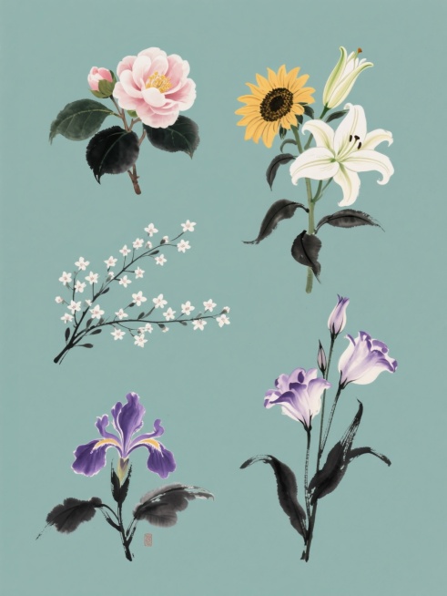 纯色背景上的水墨风格花卉系列素材集合，画面整体色彩变换，保持元素类目，同风格、同类目6个完全不同元素内容规整排布，分别是盛开的山茶花、向阳的小葵花、绽放的百合花、星星点点的满天星、优雅的紫罗兰和灵动的洋桔梗，每朵花都以水墨笔触勾勒，线条流畅，墨色浓淡相宜，富有中国传统水墨画的韵味和意境，整体构图平衡，花卉形态自然生动，细节丰富，营造出清新雅致的氛围。预览效果