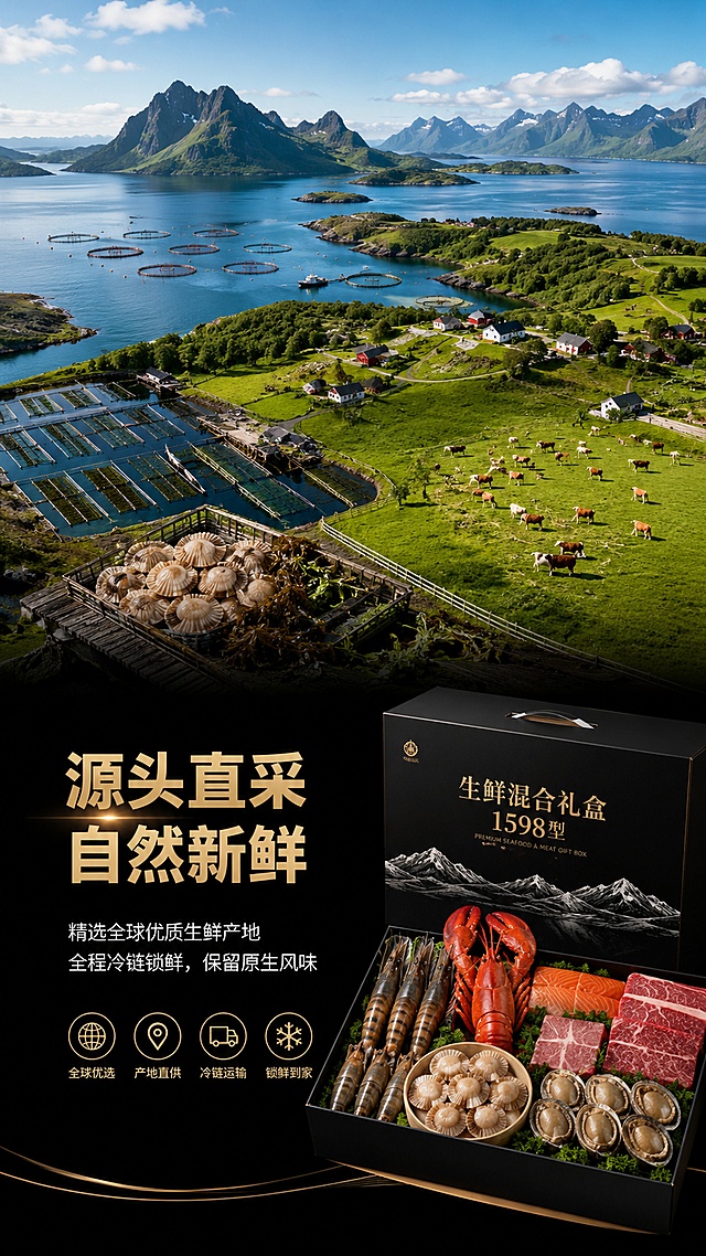 [第2屏] 产地展示屏，生鲜混合礼盒1598型核心优势产地直供。
[氛围/风格] 自然生鲜质感，黑色高级背景，纪实摄影风格，突出产地新鲜度。
[元素布局] 画面上半部分展示开阔原生态生鲜产地实景图，占比约60%，下半部分放置礼盒主体和文字说明，产地实景放大充满主视觉区域，礼盒置于右下角作为品牌露出，整体元素饱满不拥挤。
[光影质感] 自然日光照明，整体通透真实，食材新鲜光影自然。
[配色色系] 全局底色黑色 #000000，主色自然绿色产地实景，辅助色金色文字、白色说明。
[视角构图] 俯视宽视角展示产地，下半部分产品和文字信息平衡画面。
[文字版式] 顶部主标题「源头直采 自然新鲜」，金色粗体；下方小字说明精选全球优质生鲜产地，全程冷链锁鲜，保留原生风味；文字不遮挡核心产地画面，排版清晰。
[比例分辨率] 9:16竖版比例，4K分辨率，文字清晰可辨，高清画质。
[负向提示词] 文字错乱，背景杂乱，产地画面模糊，产品变形，水印。