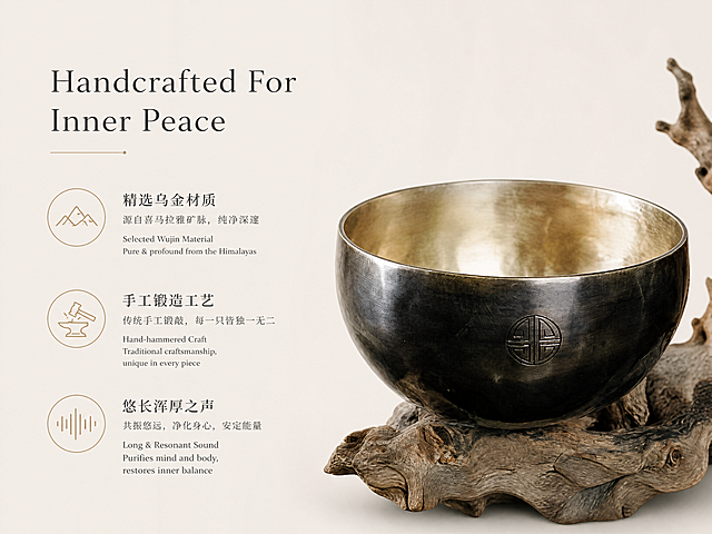 [第2屏] 核心价值页，展示乌金满月颂钵核心卖点。本屏使用【图1】展示产品主体。保持产品造型材质与原图一致。简约高级禅风，干净透气。产品放画面右侧占60%，左侧分三点展示卖点配简约图标，浅米灰背景大量留白。均匀布光，整体通透。浅米灰底色，深灰文字，棕金图标。左右分栏构图，顶部标题"Handcrafted For Inner Peace"，卖点文字清晰排版整齐，不遮挡产品。4:3比例，4K分辨率。负向提示词：产品变形，文字重叠，字体模糊。
