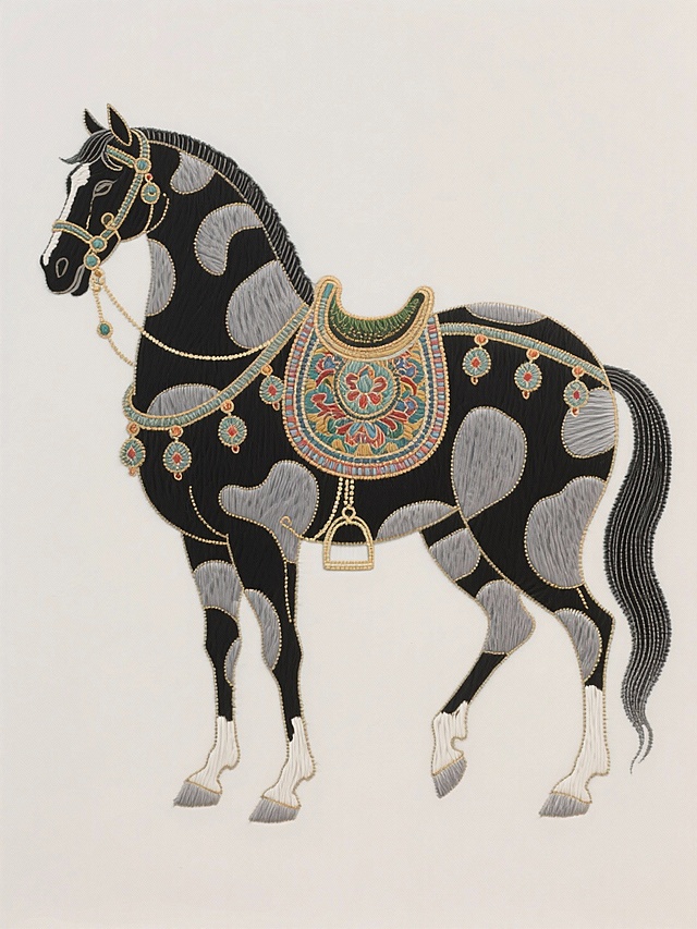 复古刺绣风骏马，融合古典民族纹样与欧洲宫廷艺术，工笔细腻，重拟物设计，尽显奢华优雅。