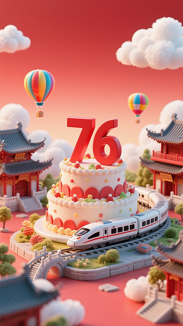 红色渐变背景，精致的多层蛋糕（一层围绕着高铁装饰）上面有红色立体数字”76“，周围古建筑群、热气球、云朵装饰