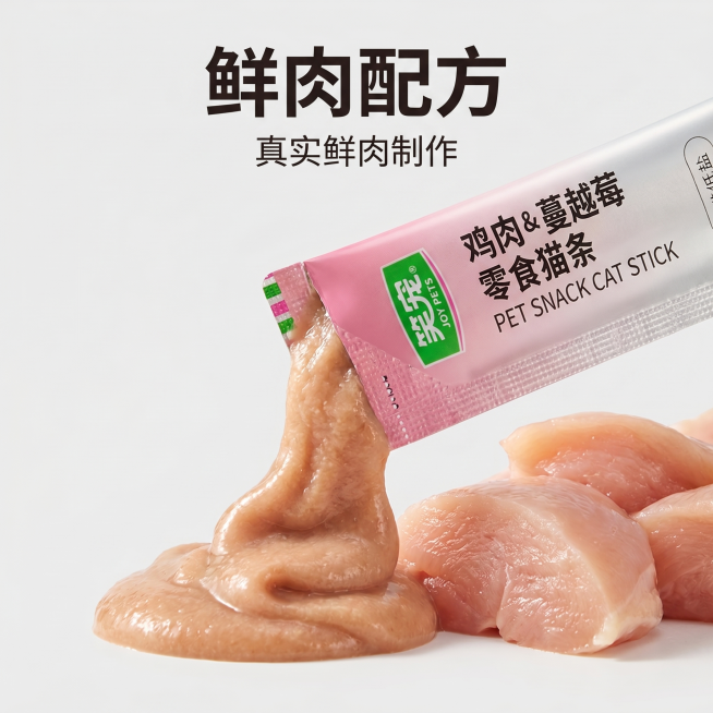 [主图 3] 笑宠猫条鲜肉配方细节特写图。
[氛围风格] 高品质食材特写，突出新鲜质感。
[画质] 商业摄影质感、光线柔和通透、产品清晰真实、画面干净高级。
[元素] 一支挤出猫条的笑宠猫条放置画面中预览效果