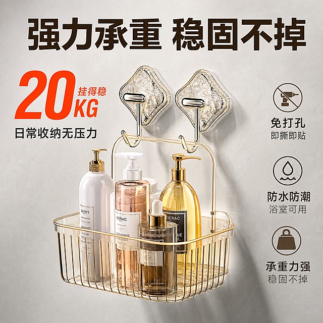 [主图-2] 核心卖点图，突出免打孔强力承重，用直观的承重演示证明产品结实耐用，解决用户怕掉的痛点。
[统一基调] 拼多多风格，大字直白，性价比感；整体轻奢洁净，背景为浅灰色渐变干净背景；主标题粗黑体大字，深棕色；辅助文案中号深灰色；强调色香槟金+橙红色；字体统一现代无衬线粗体；无厚重色块底板。
[画面] 产品居中，占画面约60%，展示2个轻奢冰川纹粘钩并排粘贴在墙面上，外观与输入图一致；两个挂钩共同悬挂一个装满物品的透明收纳篮，篮子里放着沐浴露瓶、洗发水等重物，直观展示承重能力；产品左侧有大号加粗数字突出承重感；周围用引线标注方式列出3个核心卖点：「免打孔 即撕即贴」「防水防潮 浴室可用」「承重力强 稳固不掉」；背景简洁干净，浅灰色渐变，突出产品和卖点信息。
[光影质感] 商业摄影质感，光线均匀明亮，金属挂钩有真实反光，透明底座冰川纹理清晰，收纳篮和重物有自然下垂感，整体干净立体。
[配色] 背景浅灰渐变，文字深棕色+深灰色，强调数字用橙红色，产品透明+金色，整体明亮干净，重点突出。
[文字版式] 顶部大标题：「强力承重 稳固不掉」；左侧大号数字展示：「挂得稳」，下方小字：「日常收纳无压力」；右侧3个卖点用图标+短词竖排：免打孔 防水防潮 承重力强；文字不遮挡产品主体。
[输出要求] 比例1:1，2K分辨率，文字清晰，产品清晰完整不变形；禁止拼多多logo、水印、平台标识、错字、模糊、产品悬浮穿模；禁止绝对化用语如最、第一、100%等。