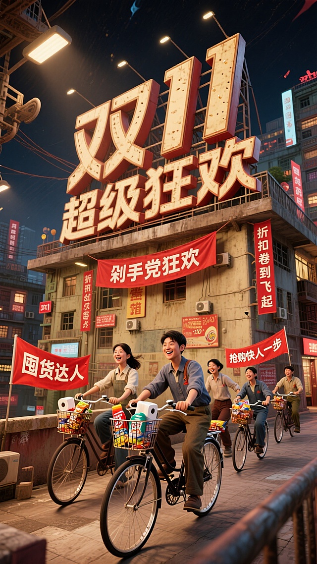 国潮风融合工业感，3D大字与霓虹灯元素营造喜庆促销氛围，复古街景中骑车人群传递欢庆情绪，印刷风标语强化节日狂欢主题。