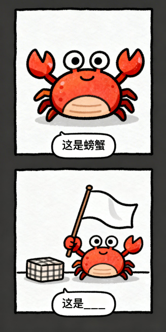手绘搞笑纵向双格漫画，上半格：Q版可爱的螃蟹，极简背景，底部文字框写“这是螃蟹”；下半格：螃蟹举着一面旗帜，旁边放着一个格子，底部文字框写“这是____”，线条清晰，色彩鲜明预览效果