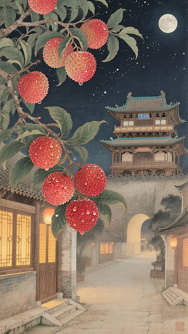 古城长安和夏日荔枝在圆月下熠熠生辉生机凌然，发挥出一片生机然然的景色。