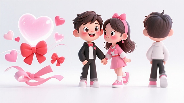 软3D风卡通情侣，手牵手微笑，粉色心形与蝴蝶结环绕，营造可爱浪漫氛围。