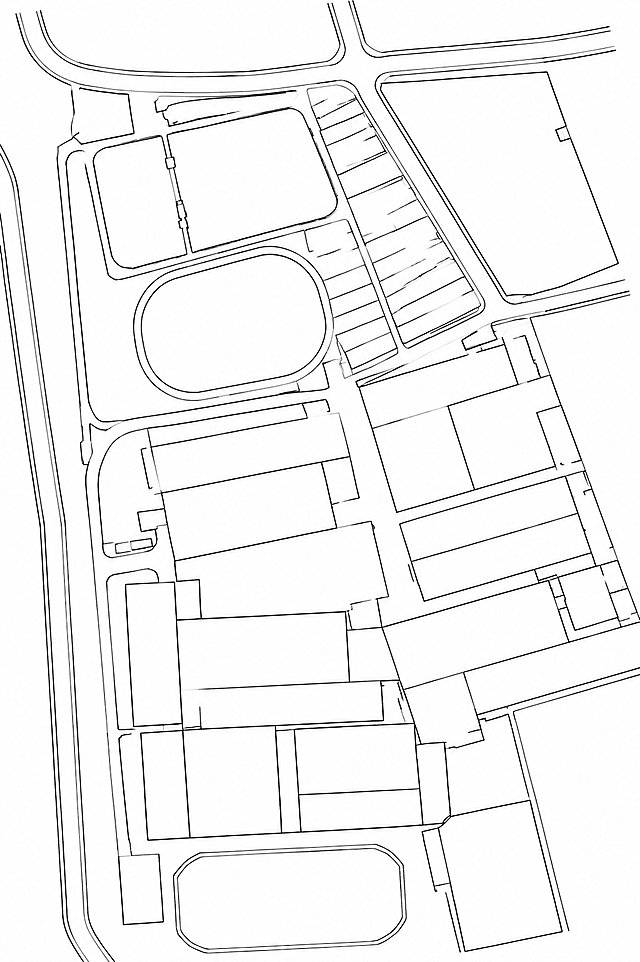 参照这张卫星图，提取出所有建筑物、道路和鱼塘的轮廓，生成简洁的CAD线稿图，仅保留线条，去除所有多余信息和标注