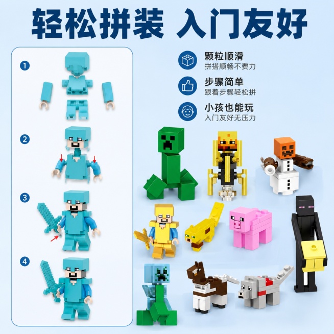 [主图-2] 核心卖点展示，易拼装特点突出
[氛围风格] 清晰理性，卖点直观，拼多多平价好物风格
[画质] 商业摄影质感、光线柔和通透、产品清晰真实、画面干净高级
[元素] 保留输入产品图所有公仔积木预览效果