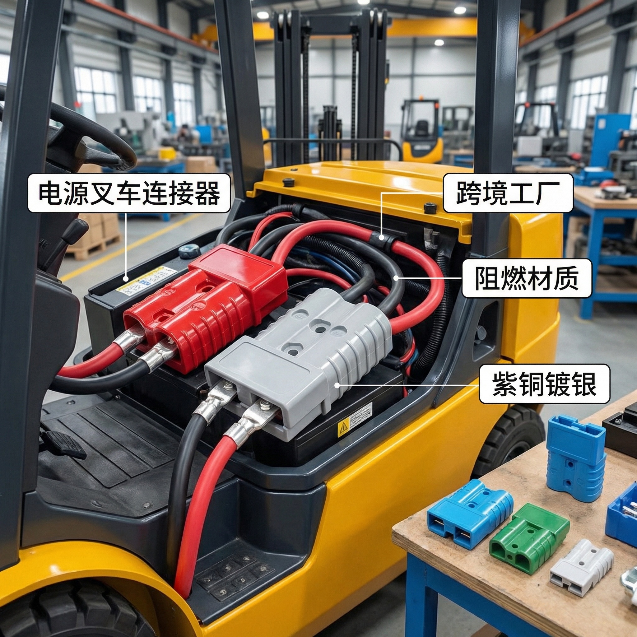 电源叉车连接器，跨境工厂出品，阻燃材质，紫铜镀银，产品与叉车组… - 图片创意预览