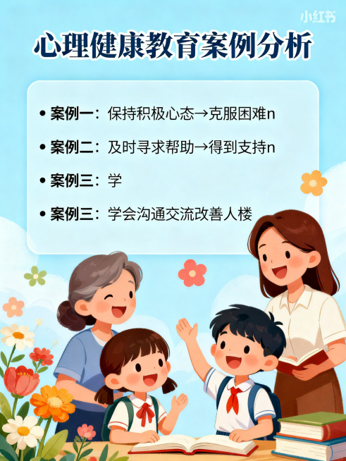 小红书3:4竖版宣传图，心理健康教育案例分析主题，浅蓝色背景。顶部标题"心理健康教育案例分析"配灯泡与爱心图标。左侧文字框内容："• 案例一：保持积极心态→克服困难\n• 案例二：及时寻求帮助→得到支预览效果