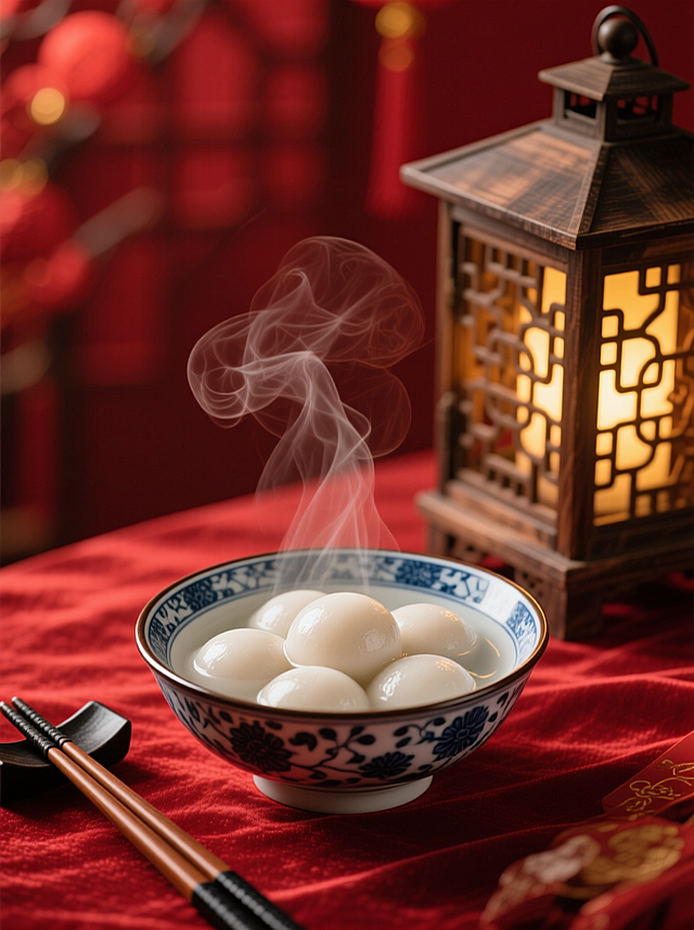 画面中心是一只青花瓷色的碗，碗里盛着一颗颗饱满圆润的白汤圆，表面泛着温润的光泽，一缕轻柔的热气袅袅升起，仿佛刚出锅，带着软糯香甜的温度。 周边搭配：碗的右侧立着一盏复古木质灯笼，暖黄色的灯光从镂空灯罩里透出，为画面增添了柔和的氛围感；左侧摆放着一双黑棕配色的筷子，静静搁在筷架上，细节里透着中式餐桌的仪式感。 背景与氛围：整个画面以浓郁的红色为主色调，丝绒质感的红色桌布、背景中模糊的红色，在暖光的晕染下，营造出温暖、团圆的节日氛围，让人仿佛置身于阖家围坐的餐桌前，满是家的温馨与年味的浓厚