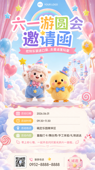 六一儿童节游园会活动邀请宣传毛绒萌趣风竖版海报预览效果