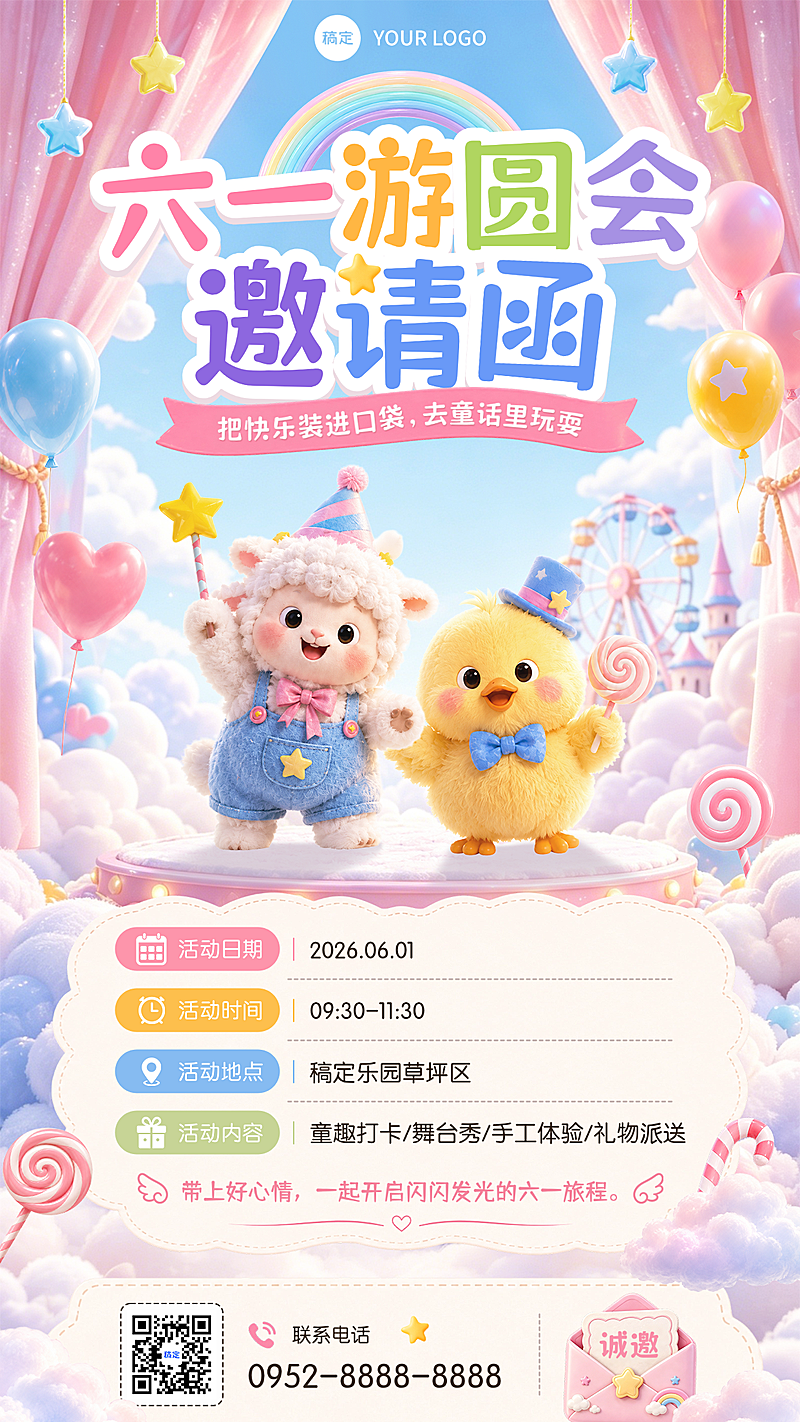 六一儿童节游园会活动邀请宣传毛绒萌趣风竖版海报