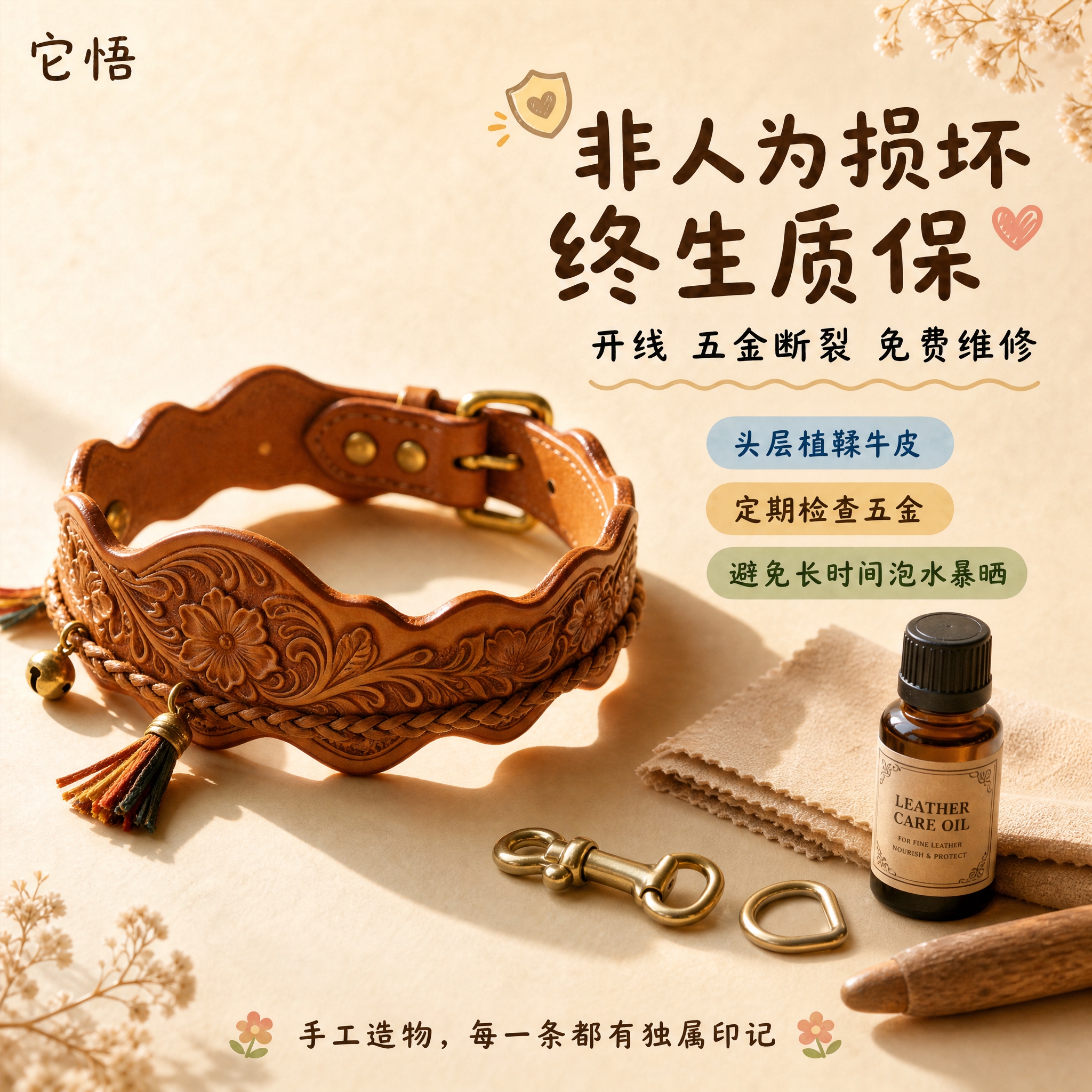 [主图-5] 它悟手工定制头层植鞣牛皮宠物项圈质保服务图，核心… - 图片创意预览