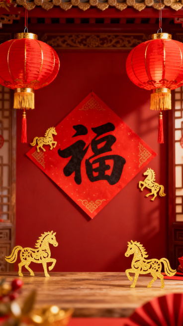 马年新春主题，充满喜庆氛围，红灯笼、福字、金色剪纸小马元素，红金配色，热闹欢快预览效果
