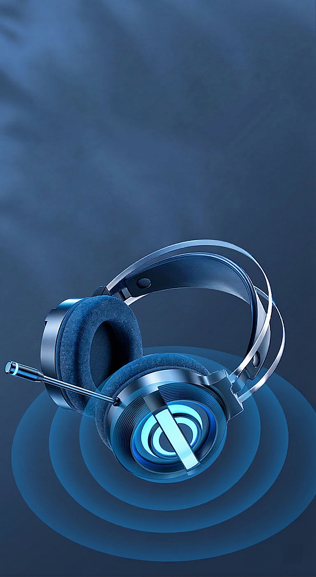 将图1产品位置精准替换为图2耳机，保持原图1的深蓝色背景、环绕声波光效和产品布局角度，做到光影色彩自然匹配，高清高质量无违和