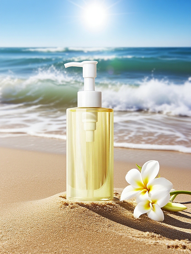 海边清新实景，简约设计瓶身，阳光与花香营造自然美感。