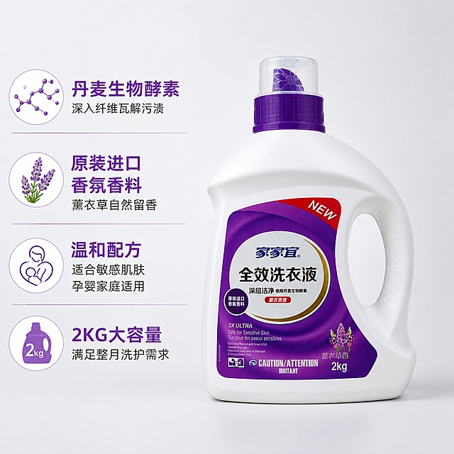 [主图-2] 家家宜薰衣草香洗衣液核心卖点展示
[氛围风格] 干净通透专业演示风格，真实可信的功能展示
[画质] 商业摄影质感，光线均匀通透，产品细节清晰，画面干净简洁
[元素] 洗衣液瓶放置在画面中心偏右侧，左侧垂直排列卖点内容。保持家家宜洗衣液产品外观结构颜色与原图完全一致，精细化还原无变形。背景为干净浅灰白色，简洁不抢主体。
[光影] 均匀柔和棚拍光影，立体勾勒瓶身，无生硬阴影，清透自然。
[配色] 浅灰白底，搭配产品紫色系点缀，紫色文字，对比清晰，干净专业。
[视角构图] 平视中心构图，产品主体突出，左侧文字区留白合理。
[文字版式] 左侧垂直列表，每个卖点配小图标：第一点"丹麦生物酵素"深入纤维瓦解污渍，第二点"原装进口香氛香料"薰衣草自然留香，第三点"温和配方"适合敏感肌肤 孕婴家庭适用，第四点"2KG大容量满足整月洗护需求"。文字左对齐，大字标题加粗，小号说明文字，深浅对比清晰，不遮挡产品主体。
[输出要求] 1:1比例，文字清晰可辨，超高清商业摄影质感。
[负向提示词] 变形，文字错乱，产品图模糊，背景杂乱，水印，电商平台Logo，夸大功效，绝对化违禁词