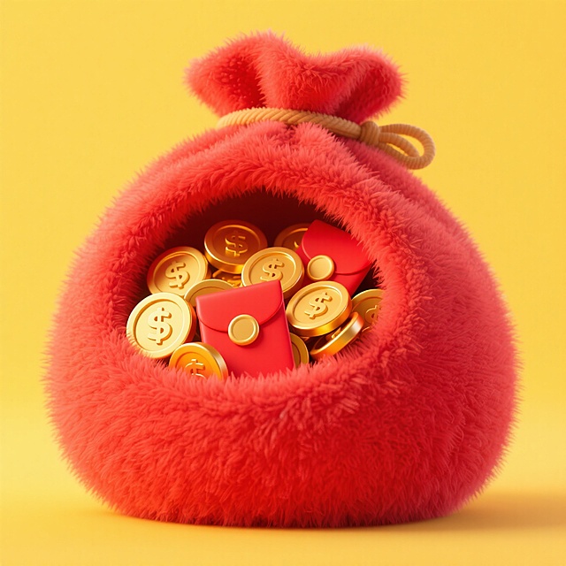 一个红色的圆鼓鼓的钱袋子，里面装满金币、红包，黄色背景