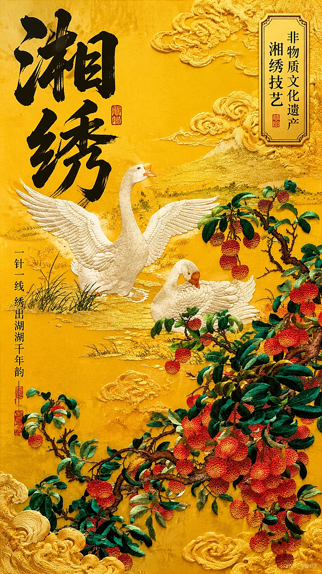 基于湘绣荔枝大白鹅原图制作新国潮风格湘绣文化海报，大白鹅整体黄色背景，用色大胆直白张扬，保留原湘绣荔枝大白鹅刺绣细节，新国潮设计，排版与老虎海报完全一致：左上角大字体毛笔主标题“湘绣”，右上角中式框标注“非物质文化遗产 湘绣技艺”，搭配金色祥云国潮装饰，9:16竖版，突出湘绣非遗文化特色，设计感强烈