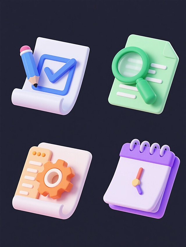 4个不同元素内容的系列素材集合规整排布，保持3D立体图标风格，纯色背景，整体色彩变换，每个元素均为卷曲纸张形态，分别搭配：1. 蓝色勾选框与铅笔、2. 绿色放大镜与文件、3. 橙色齿轮与设置面板、4. 紫色日历与闹钟，均采用光滑渐变材质，明亮柔和光影，高光细节突出，图标立体感强，构图对称平衡，无文字及二维码。