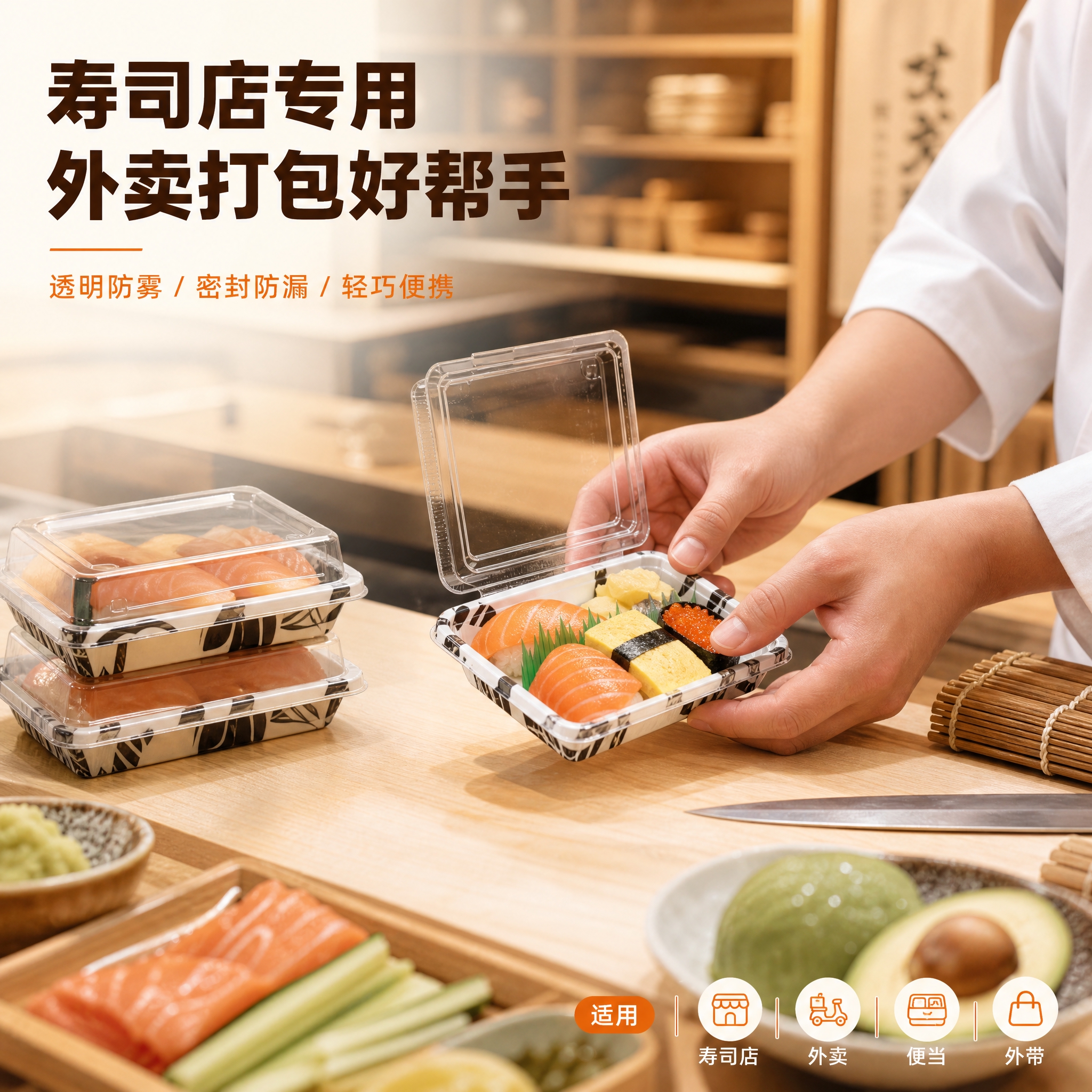 [主图-4] 小号寿司外卖盒使用场景图，展示寿司店外卖打包真实… - 图片创意预览