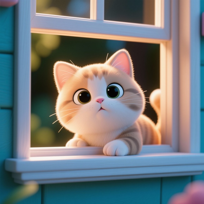 生成一个从窗口探头，在窗边趴着的可爱的小猫，姿势参考图片，3D效果，光源柔和，皮肤光滑真实。预览效果