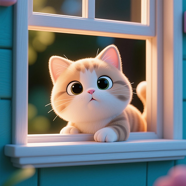 生成一个从窗口探头，在窗边趴着的可爱的小猫，姿势参考图片，3D效果，光源柔和，皮肤光滑真实。