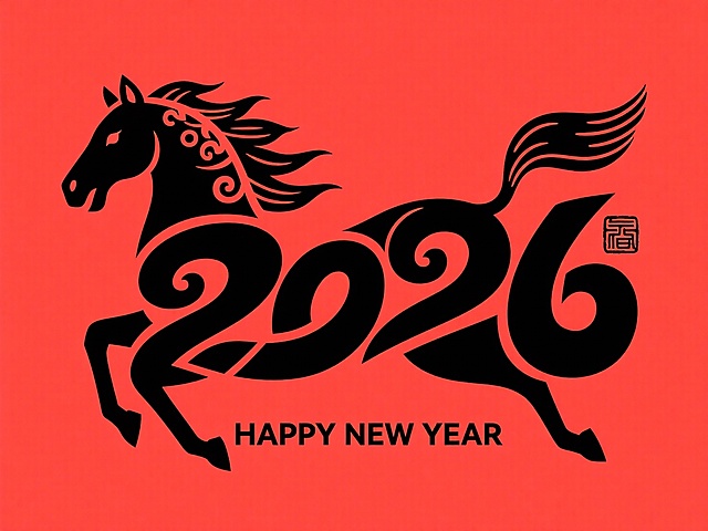 剪影风马形融合2026数字，红黑配色彰显喜庆与国潮，剪纸艺术勾勒中式民族韵味，贺岁氛围浓厚。