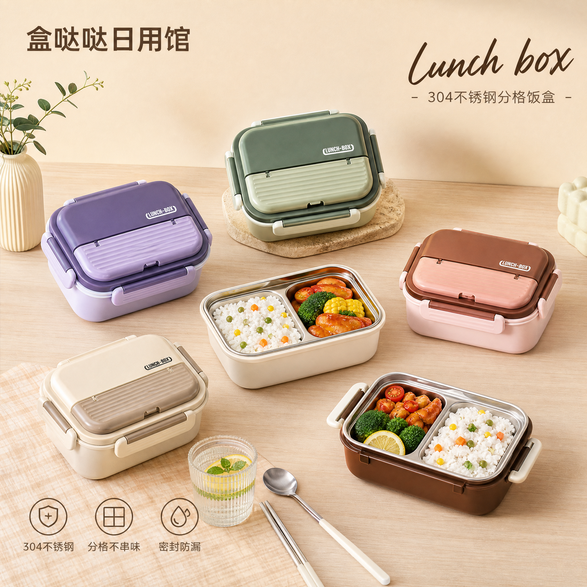 电商主图，304不锈钢分格饭盒五色展示（绿/紫/粉/米/咖），… - 图片创意预览