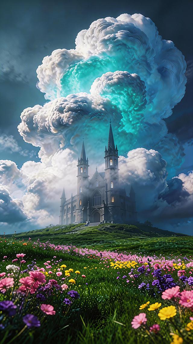 缩小草地占比，增大云朵占比以突出云朵，增强画面压迫感与神秘感，添加锐化效果，强化饱和度、纹理质感与色彩对比度，保留3D裸眼效果